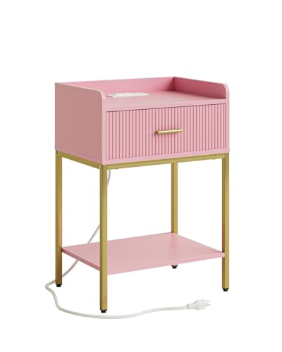Nightstand with Charging Station, 3-Tier Bed Side Table, Small End Table, Night Stand with Open Shelf and Drawer, Bedside Table for Bedroom, Living Room, Pink - color: Pink, style: With Charging Station