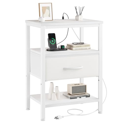 DUMOS Bedside Table with Charging Station and an Adjustable Fabric Drawer, and it is a Compact Nightstand, as Well as a 3-Tier Storage Organizer and an End Table for Bedroom, White - color: White, size: 15.7"D x 11.8"W x 23.29"H (1 Drawer)