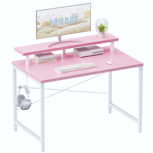 Pamray 32 Inch Small Computer Desk with Monitor Stand, Simple Office Desk with Headphone Hook for Small Spaces, Kids Study Writing Table for Bedroom, Pink - color: Pink, size: 32 Inch