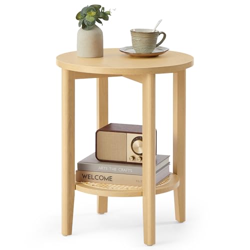 VASAGLE Round Side End Table, 2-Tier Boho Bedside Table with Rattan-Look Storage Shelf, Nightstand for Small Spaces, for Living Room, Bedroom, Home Office, Oak Beige ULET296Y01 - color: Oak Beige, size: 1 Pack, Boho