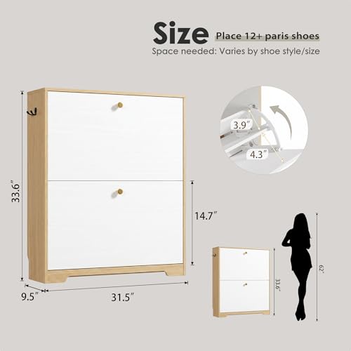 Nicetree Shoe Cabinet with 2 Flip Drawers, Narrow Shoe Organizer Cabinet, Freestanding Shoe Rack Cabinet, Modern Shoe Storage Cabinet for Entryway, Hallway, Foyer, Natural Oak and White with Hook - color: Natural Oak and White, style: 2-Drawers with Hook