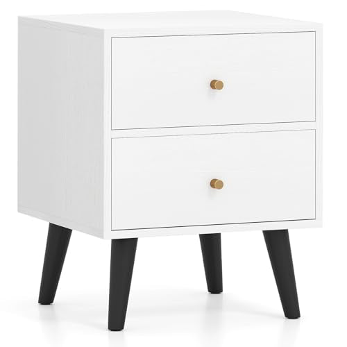 GOFLAME Nightstand with 2 Drawers, Mid-Century Modern Bedside Table with Storage, Elevated Legs & Golden Knobs, Wooden, Small Sofa Side End Table, Compact Night Stand for Bedroom, White (1)