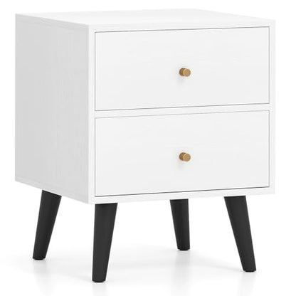 GOFLAME Nightstand with 2 Drawers, Mid-Century Modern Bedside Table with Storage, Elevated Legs & Golden Knobs, Wooden, Small Sofa Side End Table, Compact Night Stand for Bedroom, White (1)
