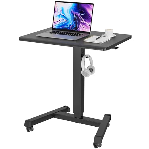 BONTEC Mobile Standing Desk Adjustable Height, Rolling Laptop Cart with Hook, Portable Workstation with Pneumatic Lift, Ergonomic Table with Wheels, Compact Home Office Desk, Black 25.6" x 17.7" - color: Black, size: 25.6" x 17.7"