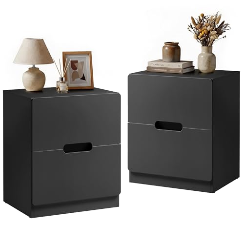 RoyalCraft Black Nightstand Set of 2, Night Stand with Drawers, Modern Bedside Table with Handless Design, Wood End Table for Bedroom, Hallway - color: Black, size: 2 Pieces