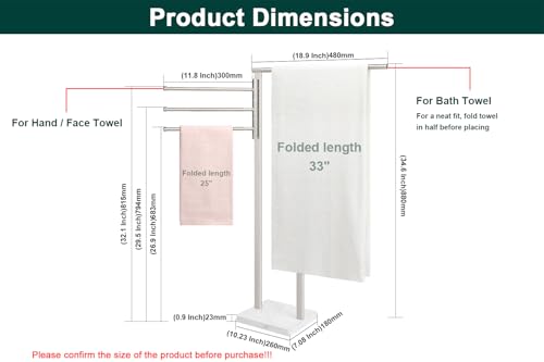 Standing Towel Rack, 304 Stainless Steel Towel Holder Stand with Weighted Marble Base, Floor Bath Towel Racks for Bathroom, Pool, Outdoor with 3 Swivel Towel Arms, Brushed Nickel