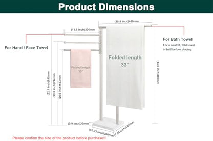 Standing Towel Rack, 304 Stainless Steel Towel Holder Stand with Weighted Marble Base, Floor Bath Towel Racks for Bathroom, Pool, Outdoor with 3 Swivel Towel Arms, Brushed Nickel