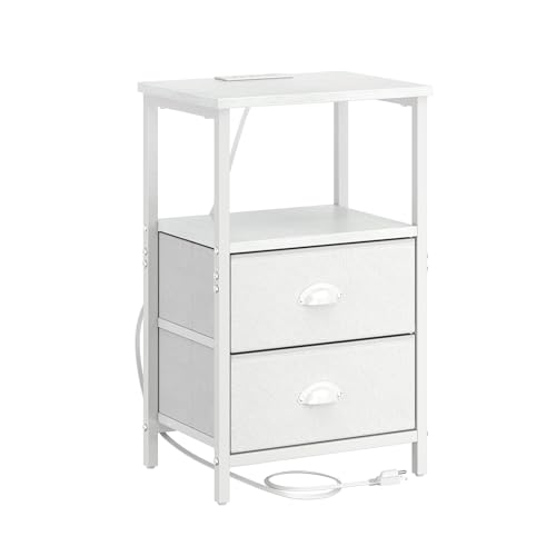 sthmec Nightstand with Charging Station, LED Night Stand Set 2, Bedside Table End Tables Set of 2, Bedroom Tables with 2 Fabric Drawers PU Finish, 3-Tier Storage Side Table for Bedroom,White - color: White
