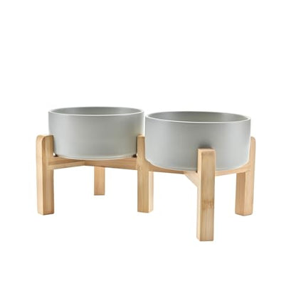 SPUNKYJUNKY Elevated Dog Bowls Ceramic, 6.1'' Dogs and Cat Food Water Bowls Raised with Non-Slip Bamboo Stand for Medium Sized Breed Microwave Dishwasher Safe - 28.7 OZ,Grey - color: Grey, size: 6.1 in - 3.6 cups