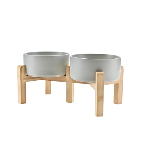 SPUNKYJUNKY Elevated Dog Bowls Ceramic, 6.1'' Dogs and Cat Food Water Bowls Raised with Non-Slip Bamboo Stand for Medium Sized Breed Microwave Dishwasher Safe - 28.7 OZ,Grey - color: Grey, size: 6.1 in - 3.6 cups