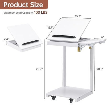 OtterOasis C Shaped End Table for Couch Rolling Side with Wheels White | Wood, Desk Tv Tables, with Folding Desktop, Lockable Wheel, with Hidden Storage, for Living Room, Bedroom - color: White