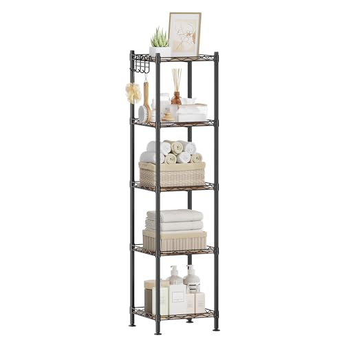 SONGMICS Storage Shelf, Bathroom Storage Rack, 5 Tier, Ink Black | Small space storage with 5 PP shelf liners, removable hook, extendable design, Rustic Brown, ULGR023B02 - color: Ink Black + Rustic Brown, size: 5 Tiers (11.8"D x 11.8"W), style: With PP S