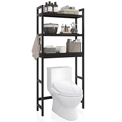 SMIBUY Bathroom Storage Shelf, Bamboo Over-The-Toilet Organizer Rack, Freestanding Toilet Space Saver with 3-Tier Adjustable Shelves (Black) - color: Black