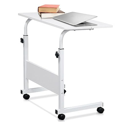 Karl home Mobile Side Table 31.5 inch Computer Desk with Wheels Height Adjustable Rolling Potable Laptop Cart, C-Shaped Bed Couch Sofa End Tables with Edge Stopper for Livingroom Bedroom, White - color: White, size: 31.5"+No Power Sockets