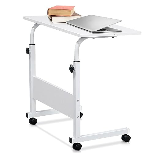 Karl home Mobile Side Table 31.5 inch Computer Desk with Wheels Height Adjustable Rolling Potable Laptop Cart, C-Shaped Bed Couch Sofa End Tables with Edge Stopper for Livingroom Bedroom, White - color: White, size: 31.5"+No Power Sockets