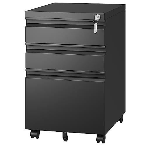 Letaya 3 Drawer Mobile File Cabinet with Lock,Under Desk Metal Filing Cabinets for Home Office Organizer Letters/Legal/A4((Fully Assembled-Black) - color: Black, size: 14.57"W X 17.32"D X 24.40"H
