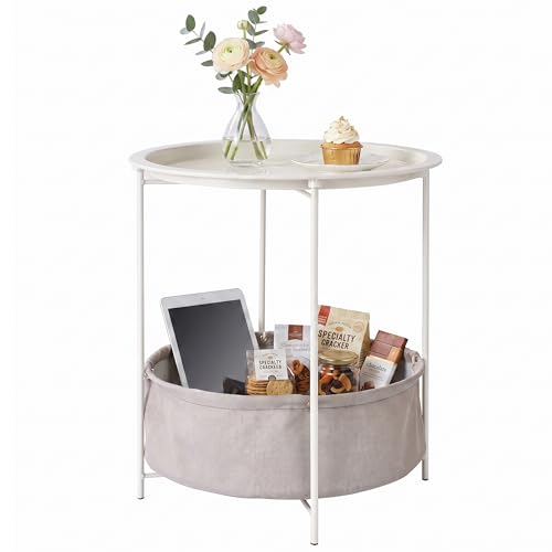 VECELO Round Side/End Table with Fabric Storage Basket，Metal Anti-Rust and Waterproof Small Bedside Nightstand with Removable Tray Top for Living Room，Balcony & Laundry，Beige/1pcs with Basket - color: Beige, size: 1 PCS with Basket