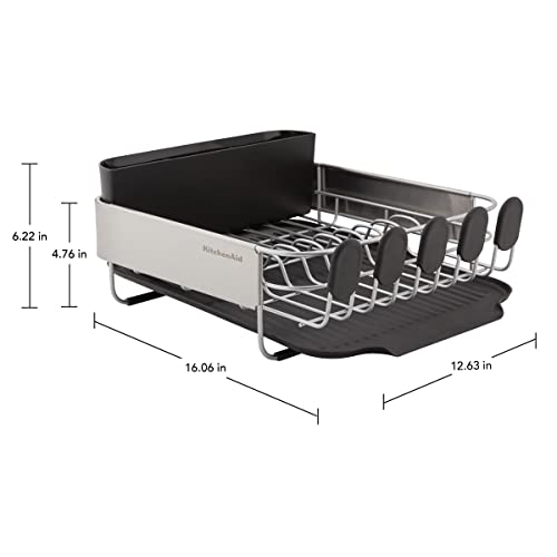 KitchenAid Compact, Space Saving Rust Resistant Dish Rack with Removable Flatware Caddy and Angled Self Draining Drainboard, 16.06-Inch, Black - color: Black, size: Compact