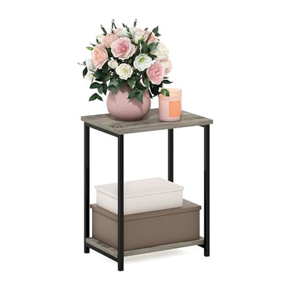Pemberly Row Industrial End Table, Metal Frame with French Oak Finish, 11.7 x 15.2 x 19.7 in, 2-Tier Shelves, Durable Composite Wood, Rustic Style Living Room Side Table