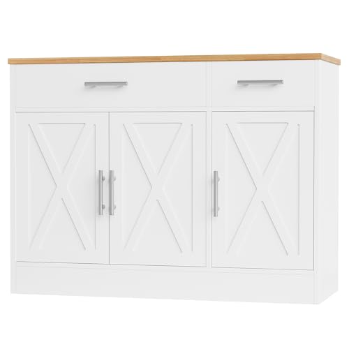 Shintenchi Modern Farmhouse Sideboard Buffet Cabinet with Storage with 3 Doors,42" Barn Doors Buffet Cabinet with Storage, Wood Coffee Bar Cabinets with Adjustable Shelf for Kitchen Living Room,White - color: White
