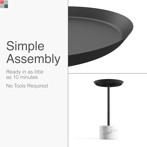 Round Metal Drink Table with Black Top and Faux Marble Base – Small Pedestal Side Table for Living Room, Bedroom, or Office – Modern Black Round Cocktail Table, Easy Assembly, Scratch-Resistant - color: Black, style: Cylinder Base