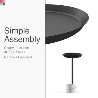 Round Metal Drink Table with Black Top and Faux Marble Base – Small Pedestal Side Table for Living Room, Bedroom, or Office – Modern Black Round Cocktail Table, Easy Assembly, Scratch-Resistant - color: Black, style: Cylinder Base