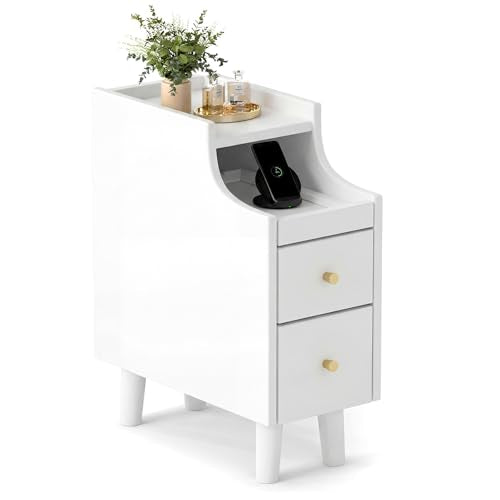 KOMFOTT Narrow Nightstand with Drawers, Solid Wood Bedside Table with Pull-Out Tray & 2 Storage Drawers, Slim Sofa End Table with Cable Management for Small Spaces, Bedroom (White,8" x 16" x 20",1) - color: White, size: 8" x 16" x 20"