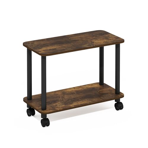 Furinno Turn-N-Tube Side Table, 2-Tier Sofa End Table with Wheels, Toolless Assembly Night Stand, Bedside Table with Open Shelf, for Living Room, Bedroom, Amber Oak - color: Amber Oak/Black