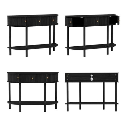 XUZENEST 43.3“ Fluted Half Moon Console Table, Modern Entryway Console Sofa Table with Storage, Narrow Wood Accent Tables Behind Couch Tables for Living Room, Hallway, Foyer(Black) - color: 43.3 Haflf Moon Black
