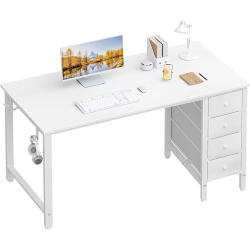 Lufeiya White Computer Desk with Drawers - 55 Inch Long Study Work Writing Desk for Home Office Bedroom, Reversible Simple Modern Cute PC Desks with Fabric Drawer, White - color: Warm White, size: 55.1"