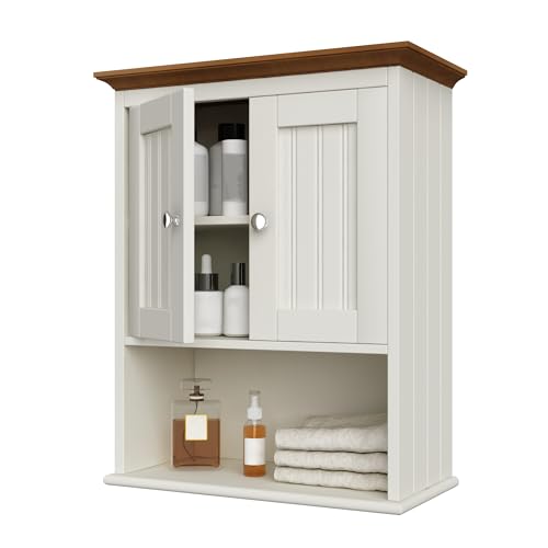 Treocho Wood Wall Cabinet, Bathroom Medicine Cabinet Storage with Doors and Adjustable Shelf, Rustic Cabinet Wall Mounted for Bathroom, Living Room, Kitchen, White & Brown - color: Farmhouse