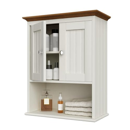 Treocho Wood Wall Cabinet, Bathroom Medicine Cabinet Storage with Doors and Adjustable Shelf, Rustic Cabinet Wall Mounted for Bathroom, Living Room, Kitchen, White & Brown - color: Farmhouse