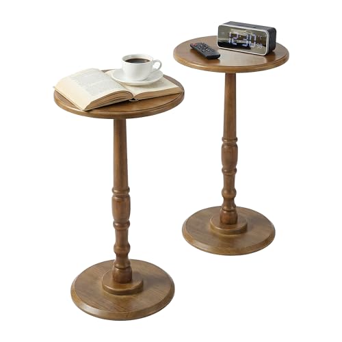 Small Side Table Living Room, Brown Round Corner Table for Small Spaces Set of 2, Coffee Table with Solid Wood Pedestal Accent for Living Room, Corners, Bedroom, Bean Bag, Sofa Couch - color: Brown