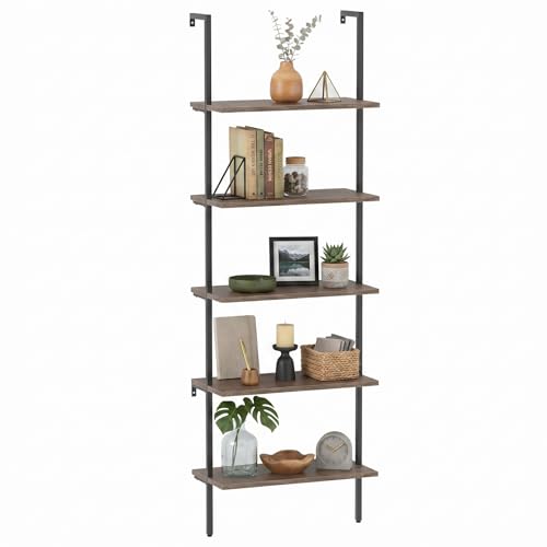 aboxoo Ladder Shelf Open Bookshelf 5-tier Wood Wall-mounted Bookcase Storage Rack Open Back Industrial Modern Plant Flower Stand Utility Organizer Bookcase Metal Frame Furniture Office Kitchen Bedroom - color: Rustic Brown 5-tier, size: 1PC
