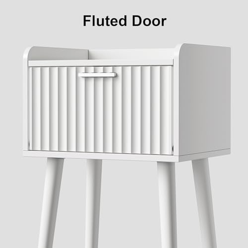 LAATOOREE Nightstand Set of 2, Small Bed Side Table with Fluted Door, End Table with Solid Wood Legs, Mid-Century Bedside Table for Bedroom Small Space - color: White, style: Fluted Style