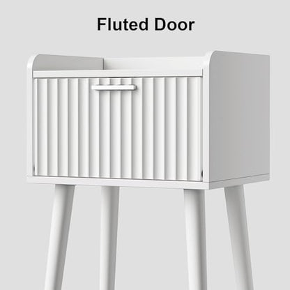 LAATOOREE Nightstand Set of 2, Small Bed Side Table with Fluted Door, End Table with Solid Wood Legs, Mid-Century Bedside Table for Bedroom Small Space - color: White, style: Fluted Style