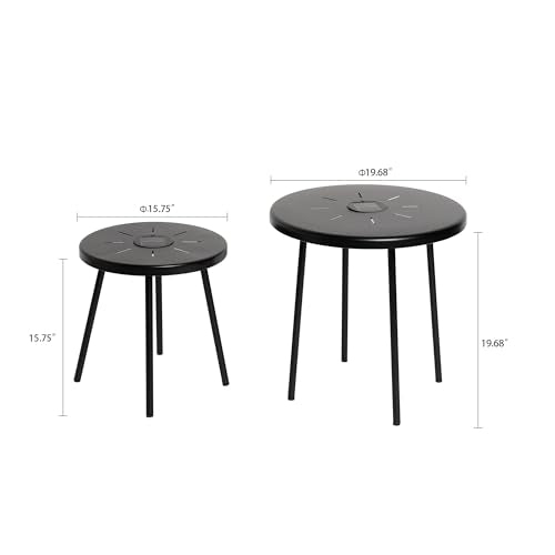 Solar Nesting Side Table Set of 2, Modern Black Metal Wire Round End Tables with Dusk to Dawn LED Light & On/Off Switch, Industrial Accent Tables for Patio, Balcony, Living Room, Garden (Solar 1)