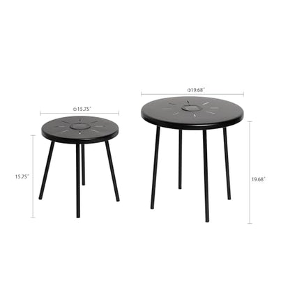 Solar Nesting Side Table Set of 2, Modern Black Metal Wire Round End Tables with Dusk to Dawn LED Light & On/Off Switch, Industrial Accent Tables for Patio, Balcony, Living Room, Garden (Solar 1)