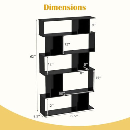 GOFLAME 5-Tier Geometric Bookshelf, 62” Tall Bookcase with 10 Open Back & Closed Back Cubes, Modern Display Book Shelf, S-Shaped Storage Organizer for Living Room, Home Office (1,Black) - color: Black