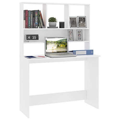 White Computer Desk with Shelves, Modern Rectangular Writing Table for Home Office, Engineered Wood Workstation for Bedroom Study Room - color: White
