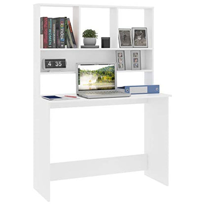 White Computer Desk with Shelves, Modern Rectangular Writing Table for Home Office, Engineered Wood Workstation for Bedroom Study Room - color: White