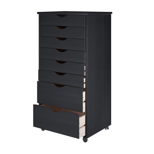 Pemberly Row Solid Wood Roll Utility Cart, Black Finish, 8 Drawers, Compact Design with Casters, Durable Modern Storage for Home, Office, Craft or Project Room - color: Black, size: 20.75" x 15.35" x 40.28"