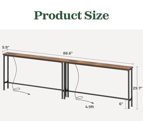SUPERJARE 86.6 inch Narrow Console Table with Outlet, Sofa Tables, Behind Couch Table, Long Entryway Tables with Charging Station, for Living Room, Rustic Brown - color: Rustic Brown, size: 5.9''D x 86.6''W x 29.7''H