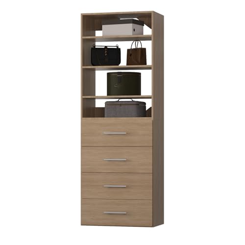 ROOMTEC Modular Closet System, 31.5" 4 Drawer Shelf Closet Tower Wall-Mounted Closet Organizer, Wooden Tower for Walk-In Closets, Wardrobe Storage Kit, Wood - size: 31.5" Wide, style: Model 8