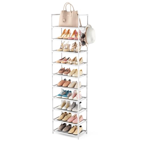 LANTEFUL 10 Tiers Tall Shoe Rack 20-25 Pairs Boots Organizer Storage Sturdy Narrow Shoe Shelf for Entryway, Closets with Hooks, White - color: White, size: 10 Tier-68" High-17" Wide