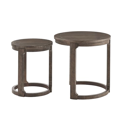Round End Side Table Set of 2, Handcraft Nesting Table for Living Room, Modern Wood Circle Style, Easy Assembly, Dark Brown - color: S1-2pcs-dark Brown