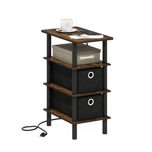 Furinno Turn-N-Tube Side Table, 4-Tier End Table with Charging Station and Storage Bins, Night Stand, Bedside Table with USB and Type-C Port, for Living Room, Bedroom, Amber Pine - color: Amber Pine/Black, size: 4-Tier with Bins, Charging Station