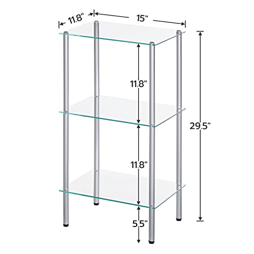 HOOBRO Glass Shelf, 3 Tier Bathroom Standing Shelf Unit, Tempered Glass Shelving Stand for Small Space, Perfume Stand Organizer, Space-Saving, for Bathroom, Bedroom, Steel Frame, Silver SV03CJ01 - size: 15"L x 11.8"W x 29.5"H