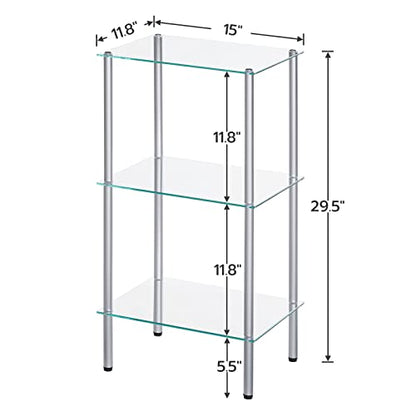 HOOBRO Glass Shelf, 3 Tier Bathroom Standing Shelf Unit, Tempered Glass Shelving Stand for Small Space, Perfume Stand Organizer, Space-Saving, for Bathroom, Bedroom, Steel Frame, Silver SV03CJ01 - size: 15"L x 11.8"W x 29.5"H