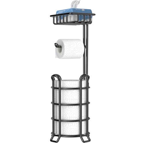 TomCare Toilet Paper Holder Stand with Shelf Free Standing Toilet Paper Roll Holder with Toilet Paper Dispenser Sturdy Metal Tissue Holder Storage Shelf for Bathroom Black - color: Black, size: With Shelf